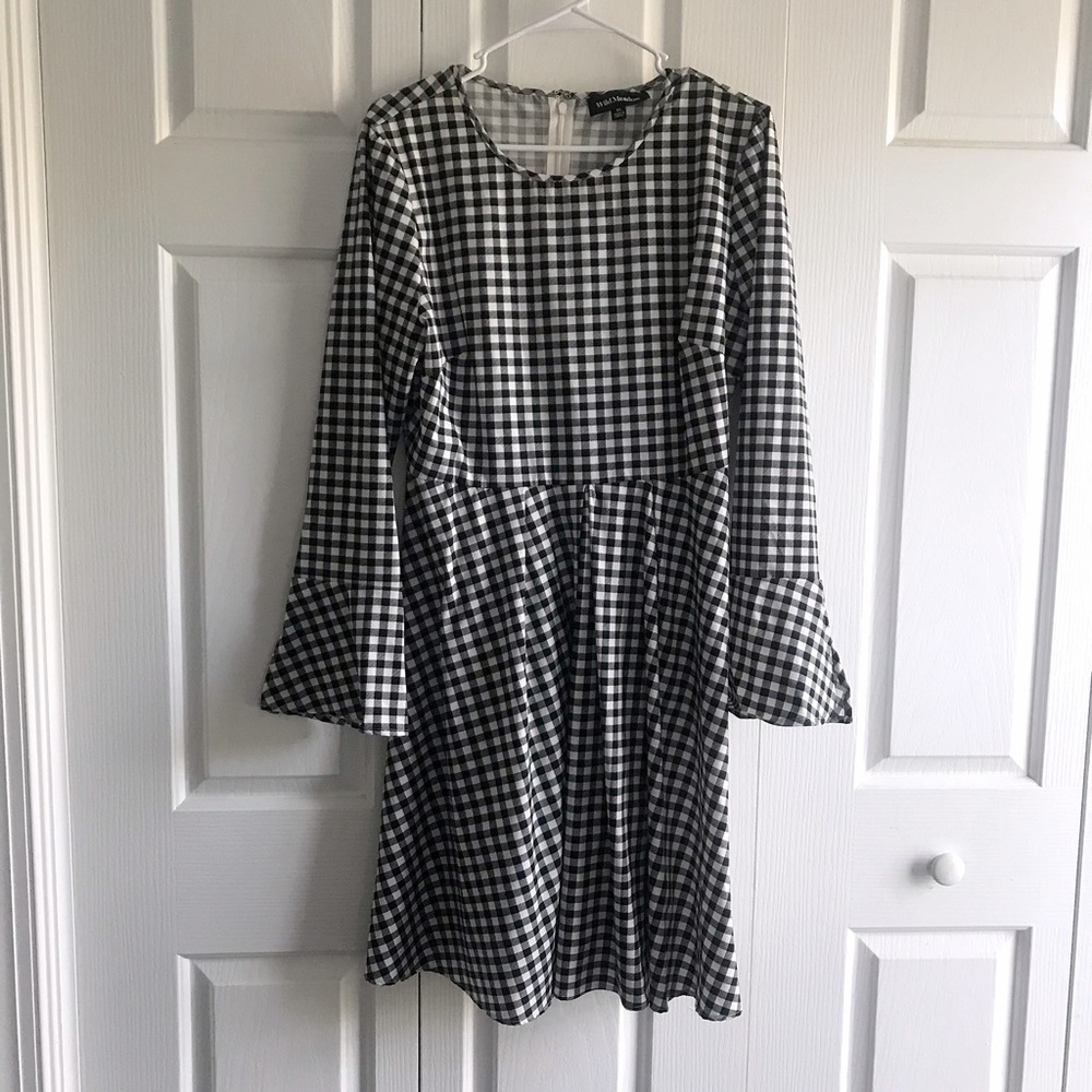 Gingham Fit & Flare Bell Sleeve Dress